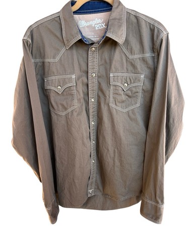 Wrangler Shirt Mens Brown LARGE Pearl Snap 20X Western Cowboy Rodeo EUC