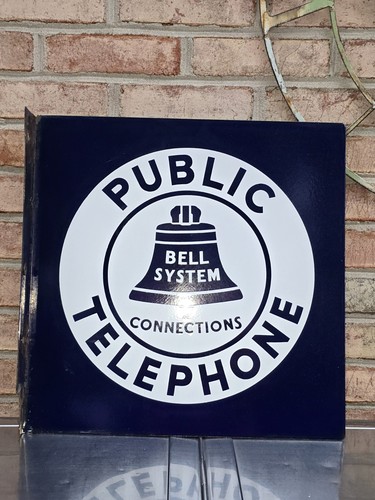 Bell System Public Telephone Double Sided Porcelain Flange Advertising Sign