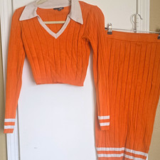 Fashion Nova Orange/White Ribbed Knit V-Neck Sweater & Skirt 2pc Set M