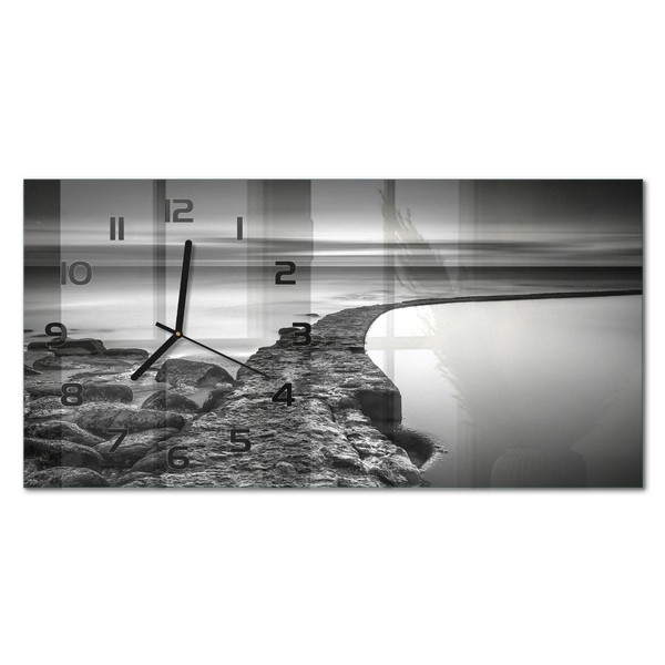 Glasuhr Wanduhr Mit FließEnden Zeigern Kieselstrand Schwarze Zeiger 60X30 Cm-image