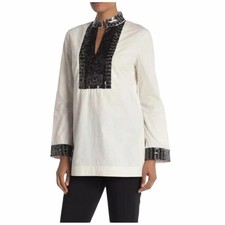 Tory Burch Embellished Tunic Top Size 2 Cream Color with Black Beads and Sequin