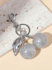 Silver Glitter Cherry Bag Charm  Silver Hardware Keychain  Velvet Dust Bag