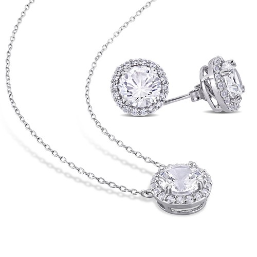 Amour Sterling Silver Created White Sapphire Halo Stud Earrings & Necklace Set - Picture 3 of 5