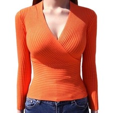 Lady Ribbed Knit Sweater Cross Over Front Deep V Neck Pullover Jumper Tops Basic