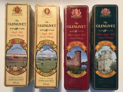 VINTAGE GLENLIVET SCOTCH WHISKY WHISKEY COLLECTOR TINS GOLF CASTLES SCOTLAND