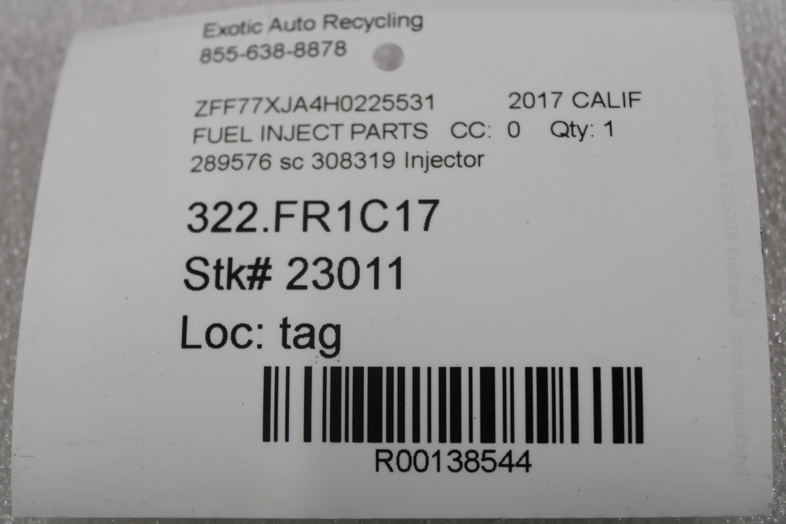 Ferrari California, 488, Portofino, Fuel Rail Injector, Used, P/N 308319