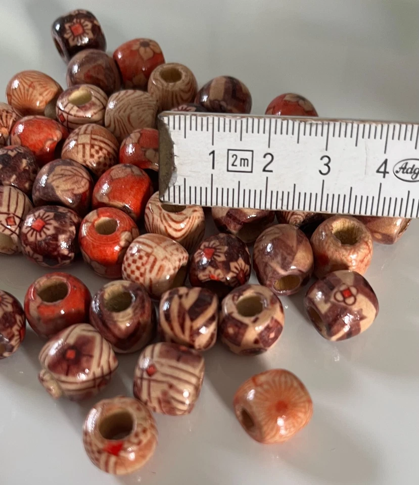 5 Holzperlen Holzkugeln mit Loch handbemalt natur zum Basteln Armband Kette NEU - Bild 3 von 3