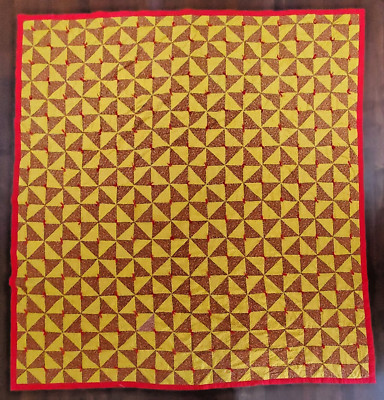 Handmade Queen Quilt Red Yellow Calico Pin Wheel Hand Tied Quilted Blanket 93x99