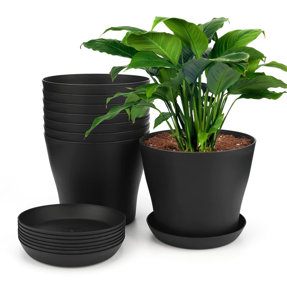 8Pack Plant Pots Flower Planter Matt Plastic Pot Saucer Tray Decor