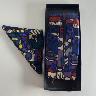 Romero Britto Cummerbund Silk Square Set  Little Britto  USA Made Vintage