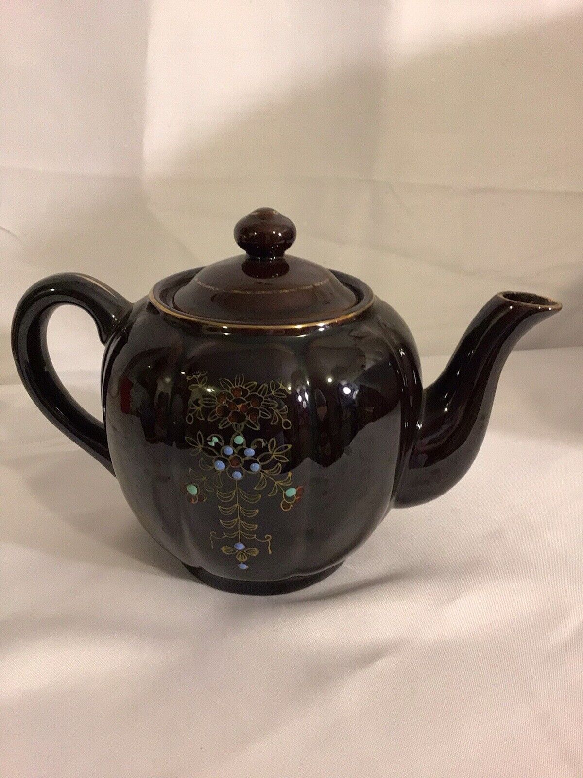 Vintage MCM Brown Betty Redware Teapot Moriage Enamel Hand Painted Made In Japan