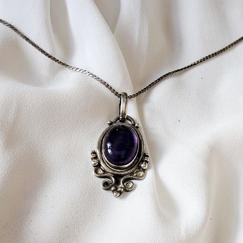Antike Halskette Anhänger Kette 925 Silber 45cm Cabochon Amethyst 42x21mm - Bild 3 von 20