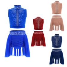 Kids Girls Crop Top With Skirt Ceremony Dress Show Vest Skirts Set Skating Jazz