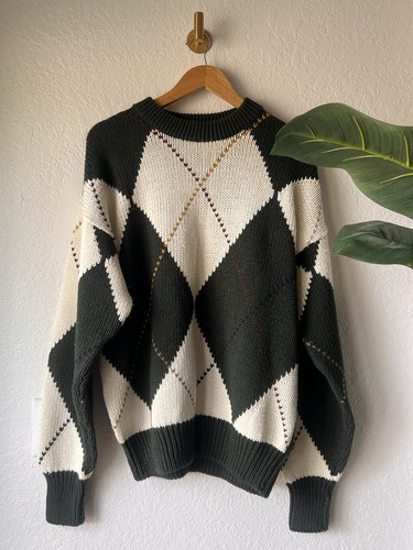 Chunky Vintage Preppy Academia Argyle Men’s Sweater Cotton Ramie Sz M - Picture 2 of 4