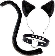 Cat Ears and Tail Costume Accessories Anime Ear Clips Headband Black Tail Long