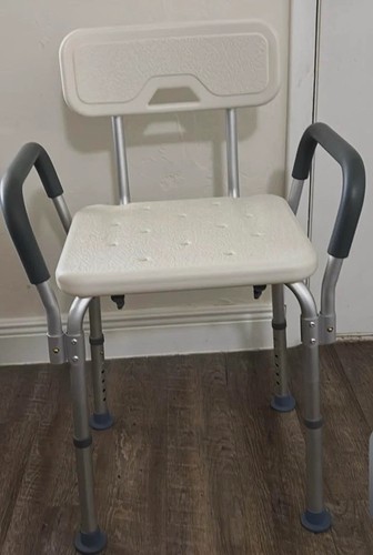 Shower/Bath Chair Adjustable Height Removable Back Padded Arms White/Gray