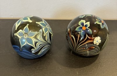 2 Early Satava Art Glass Paperweights Blue Flowers Iridescent Background 1979