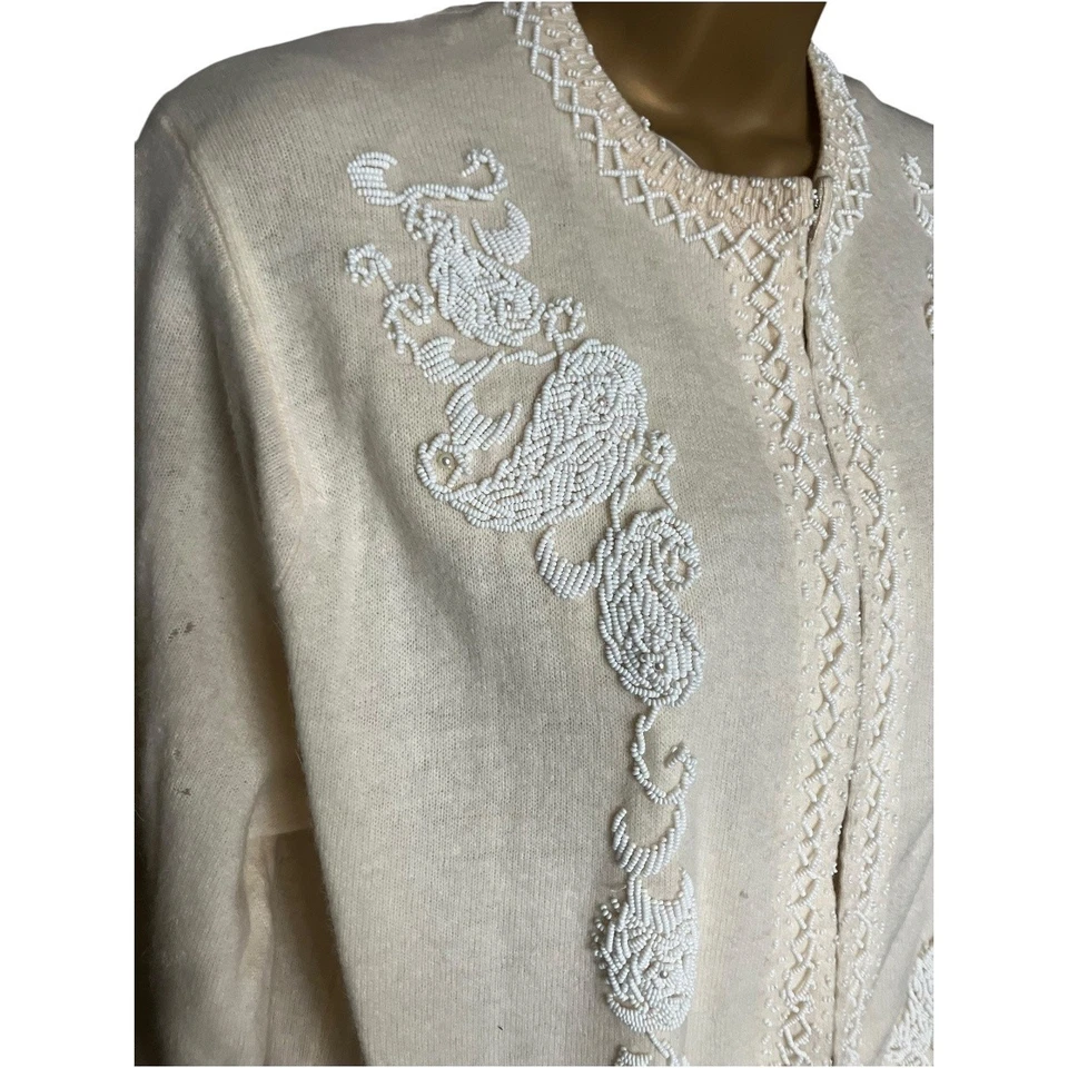 Vintage Royal Beaded Wool Angora Cardigan Cream White Made in Hong Kong 46 - Image 2 of 4