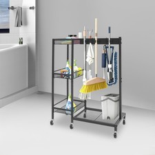 Cleaning Tool Rack with Storage Mobile Cleaning Trolley with Broom&Mop Holder