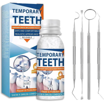 Tooth repair kit, filling material, dental cement with 4 dental tools for repair