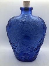 Cobalt Blue Glass Bottle Decanter With Cork Stopper Sea Shell Pattern 9  Tall