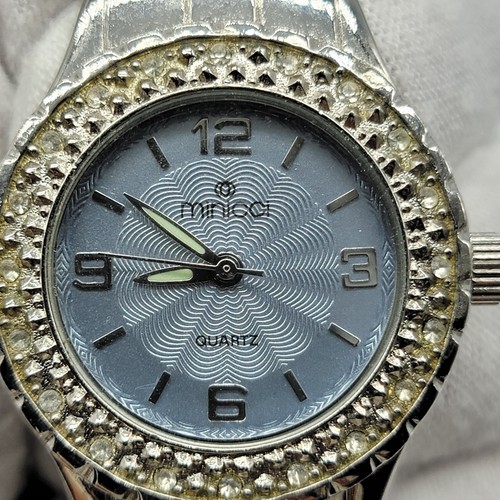 Minicci Blue Dial Women Watch 29mm Rhinestone Bezel Silver Tone Band New Battery - Picture 7 of 16