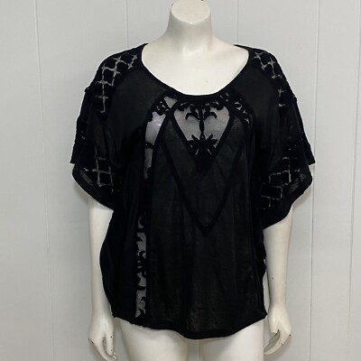 NU Denmark Top Women's Small Black Cotton Sheer Boxy Short Sleeve Blouse Shirt