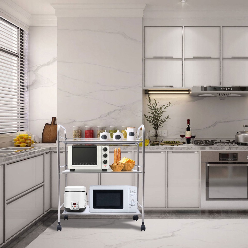 3Tier Stainless Steel?Kitchen Trolley Cart Microwave Oven Rack Utility