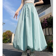 Women Bud Lantern Skirt Cargo High Waist Drawstring A-line Midi Retro Girl