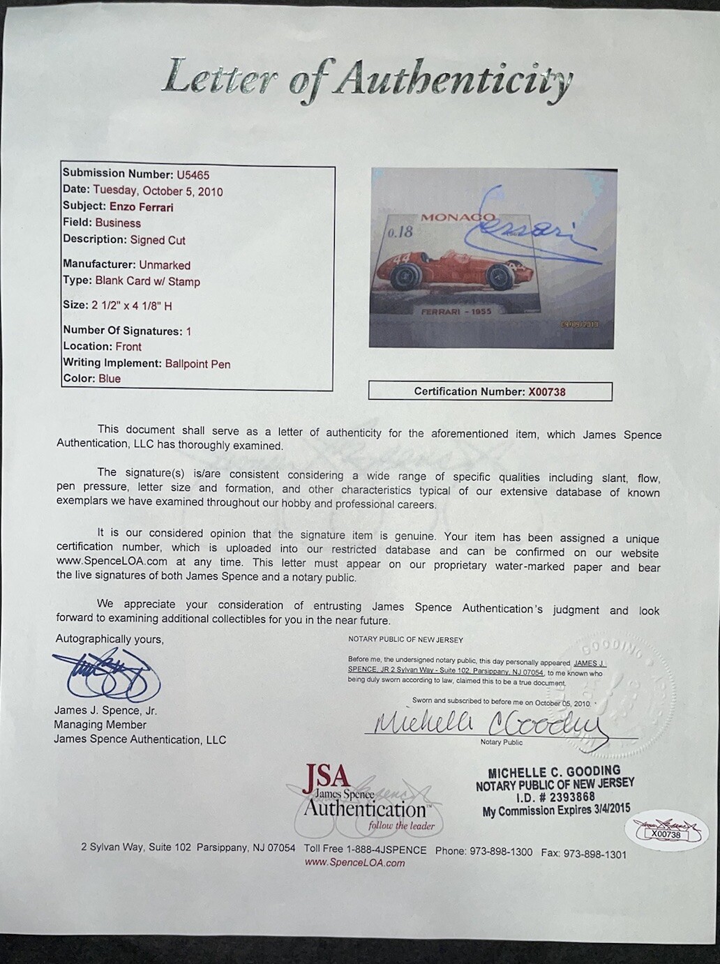 Enzo Ferrari Autographed 2"x4" Cut/Stamp Signature with JSA LOA