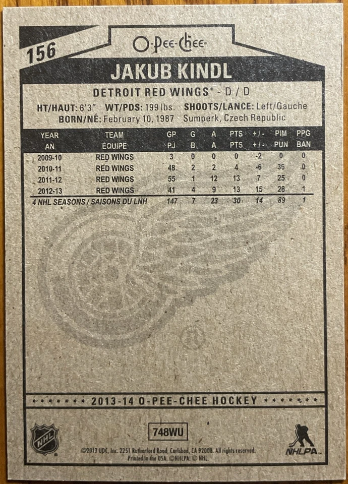 2013-14 O-Pee-Chee Red Jakub Kindl #156 Detroit Red Wings - Image 2 of 2