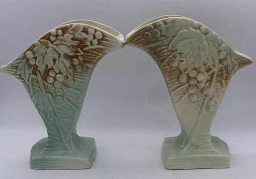 Pair Vtg McCoy Rustic Line Art Pottery Vase Grapes & Leaves Green & Brown 1940's