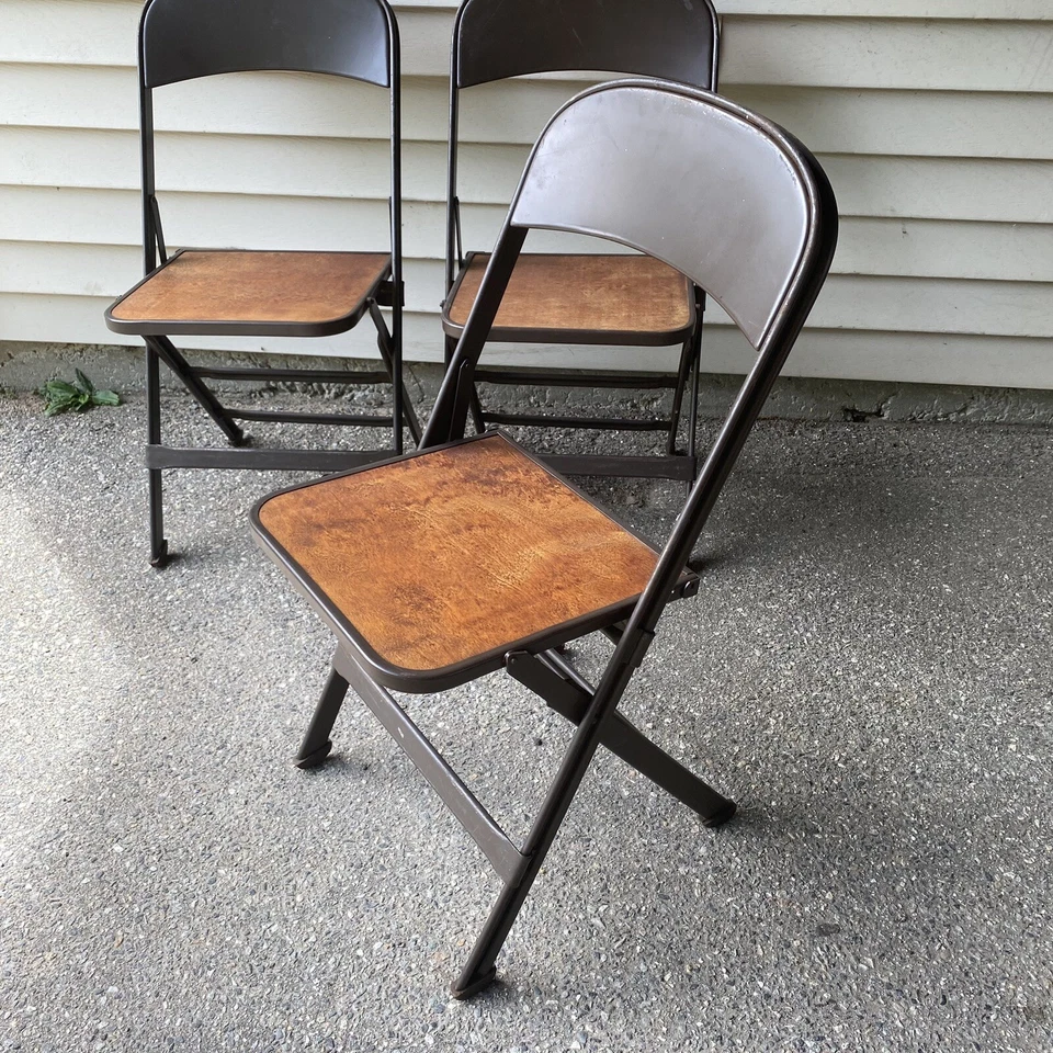 (3) Sillas plegables Early Clarin Mfg Co. Chicago madera acero diseño industrial Foto 2 de 4