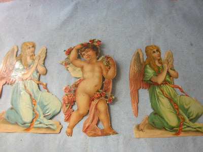 38612 3x Oblate Glanzbild Scrabs 12cm Engel Paar + Putto geprägt 1900 12cm gebra
