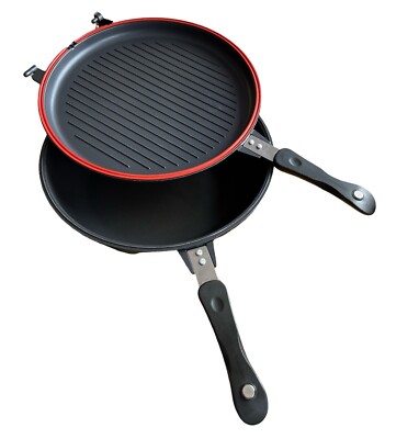 Bratpfanne 32 cm Induktion mit Deckel Gusseisen Doppelpfanne Grillpfanne 2in1