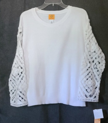 Ruby Rd. L Large White Crochet Sleeve Lacy Knit Top Sweater New NWT  100% Cotton