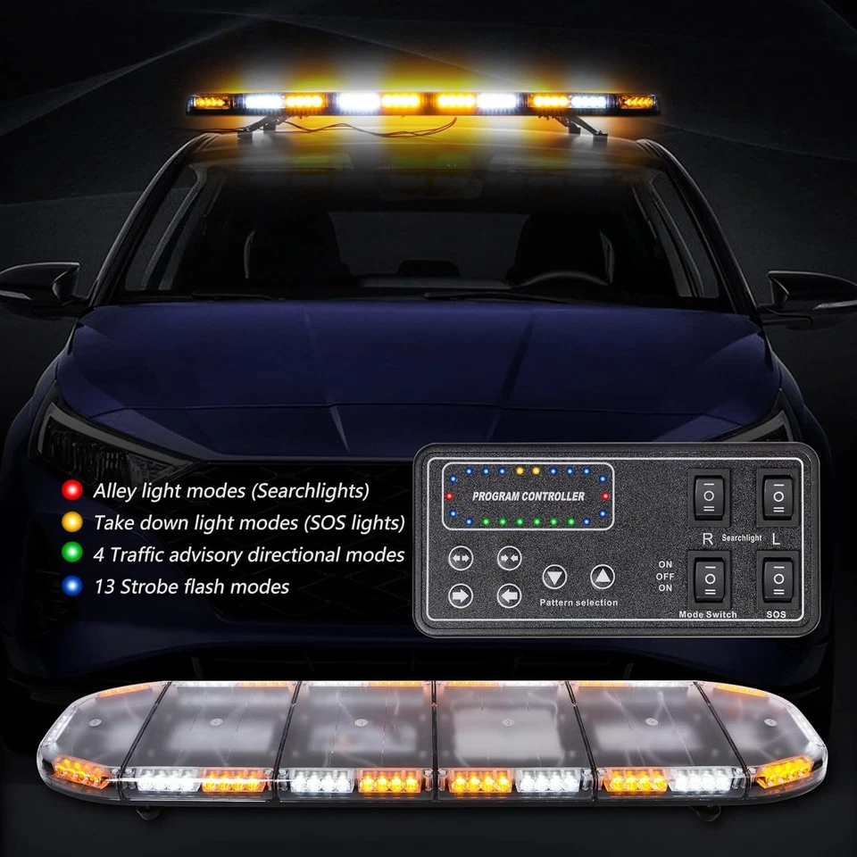 Barra de Luz Estroboscópica 51" LED Ámbar Blanco Advertencia de Emergencia Seguridad Flash Luz de Techo Foto 3 de 4