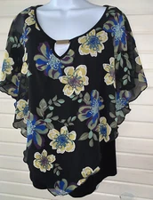 Naif Sz MEDIUM Black Boho Blouse Floral Chiffon Overlay Tank Liner Festival EUC