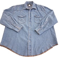 Wrangler Pearl Snap Denim Shirt Blue 2XL Vtg Western Cowboy Brush Popper XXL