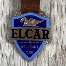 Elcar ‘A Well Built Car’ Watch Fob Vintage Enameled Emblem, Leather Strap