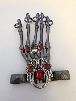 Skeleton Hand Silver Bracelet with Red Gem Accents (6.46)