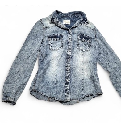 Y2K YMI Women's acid wash denim button-down shirt pearl snaps blue size large