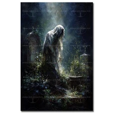 GHOST CEMETERY ART PRINT, Gothic Graveyard Wall Decor, Fantasy Halloween Poster
