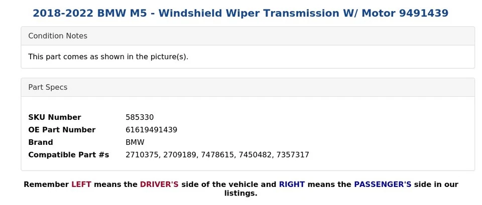 2018-2022 BMW M5 - Windshield Wiper Transmission W/ Motor 9491439 - Image 4 of 4