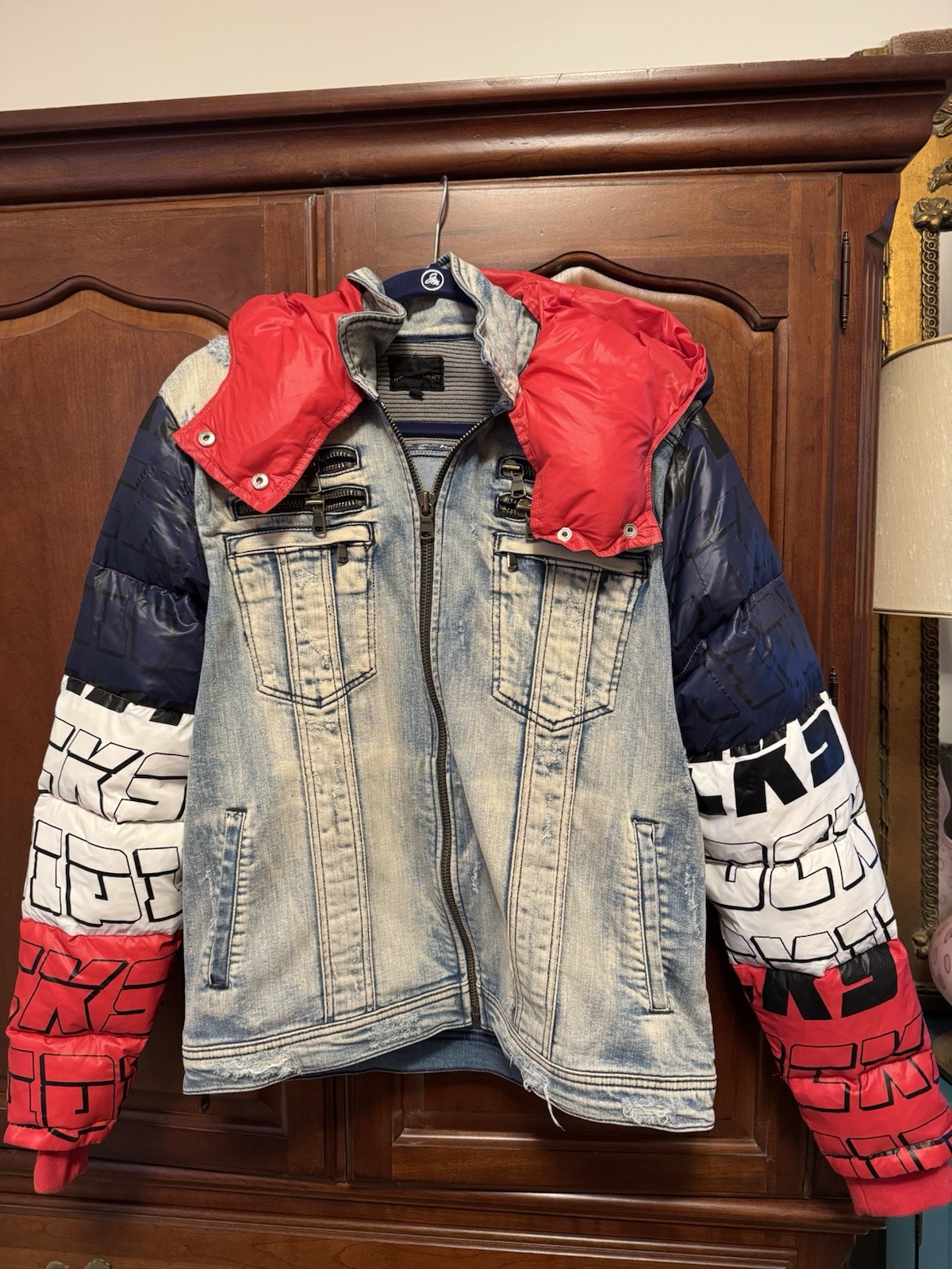 Rockstar Original Men’s Distressed Denim W/  Puffer Sleeve Hooded Jacket Size XL