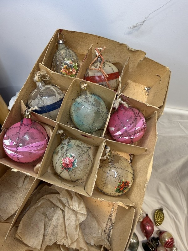 8 Antique Feather Tree German Mercury Glass Wire Wrapped Ornaments Die Cut
