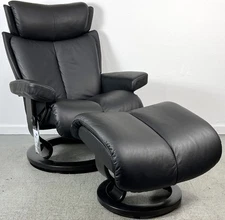 Ekornes Stressless Small "Magic" Black Leather Swivel Recliner Chair & Ottoman