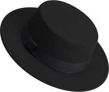 Classic Fedora Hat Flat Top Felt Pork Pie Wide Brim Medium, Black