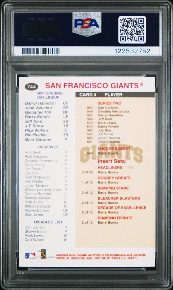 Fleer Checklist 1997 Barry Bonds #744 PSA 10 gemas como nuevo Gigantes Salón de la fama Foto 4 de 4