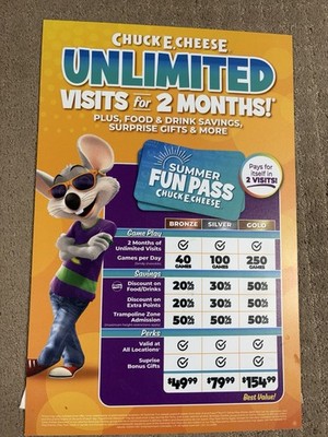 Chuck E. Cheese 2024 Summer Fun Pass Advertising Standee - Authentic Store Used